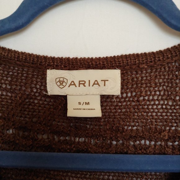 Ariat light weight chocolate brown knit short sleeve sweater with fringe sz s/m - Picture 8 of 12